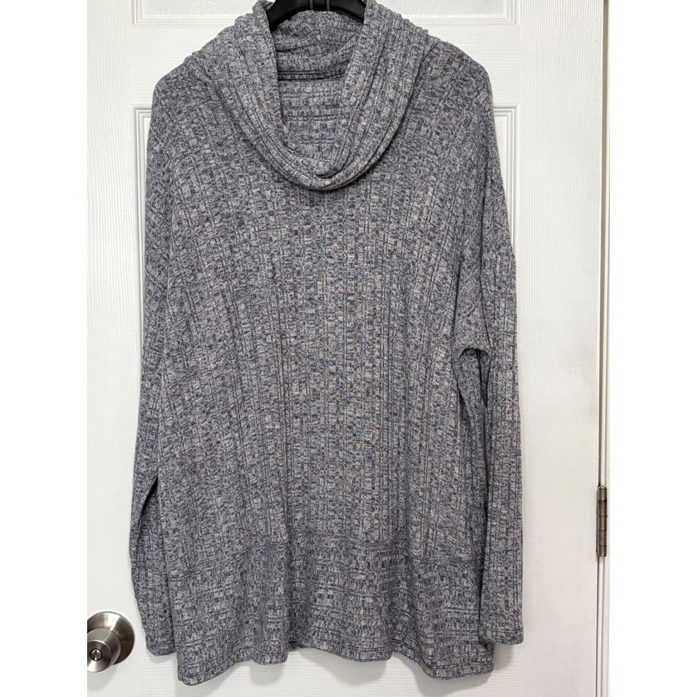 Anthropologie Akemi + Kim Cowl Neck Ribbed Knit Tunic Top BlueGrey Heathered PM